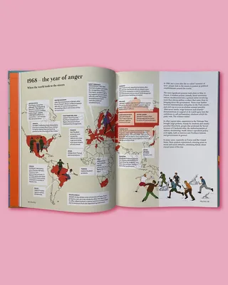 Open book showing 1968 political maps and illustrated figures by Claire Rollet