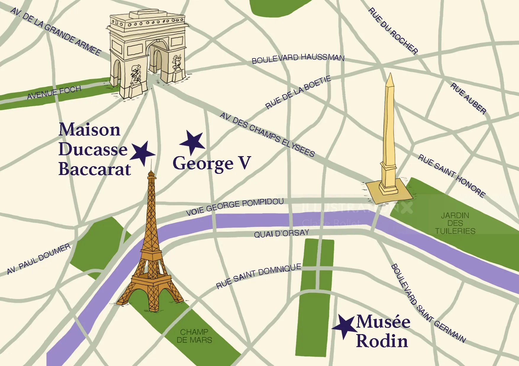Map of Paris landmarks including Eiffel Tower and Arc de Triomphe by Claire Rollet