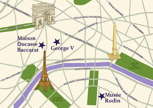 Map of Paris landmarks including Eiffel Tower and Arc de Triomphe by Claire Rollet