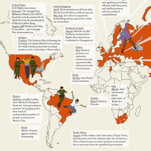 Map illustrating major 1968 uprisings worldwide by Claire Rollet