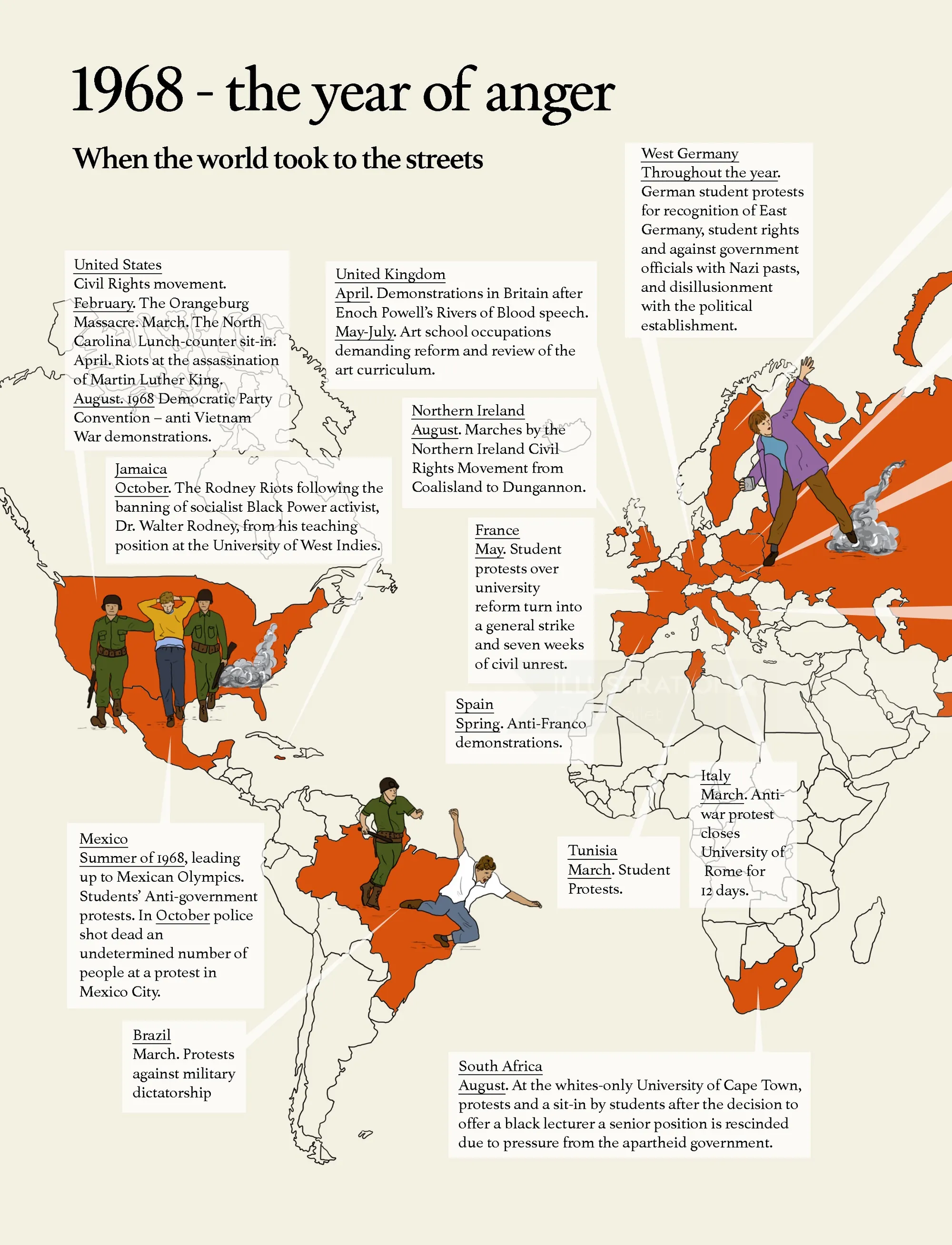 Map illustrating major 1968 uprisings worldwide by Claire Rollet