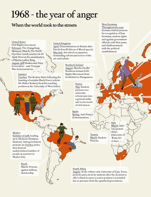 Map illustrating major 1968 uprisings worldwide by Claire Rollet