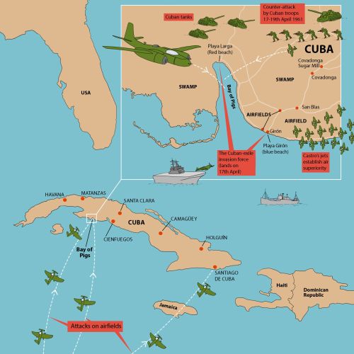 Illustrated military strategy map of Bay of Pigs conflict by Claire Rollet