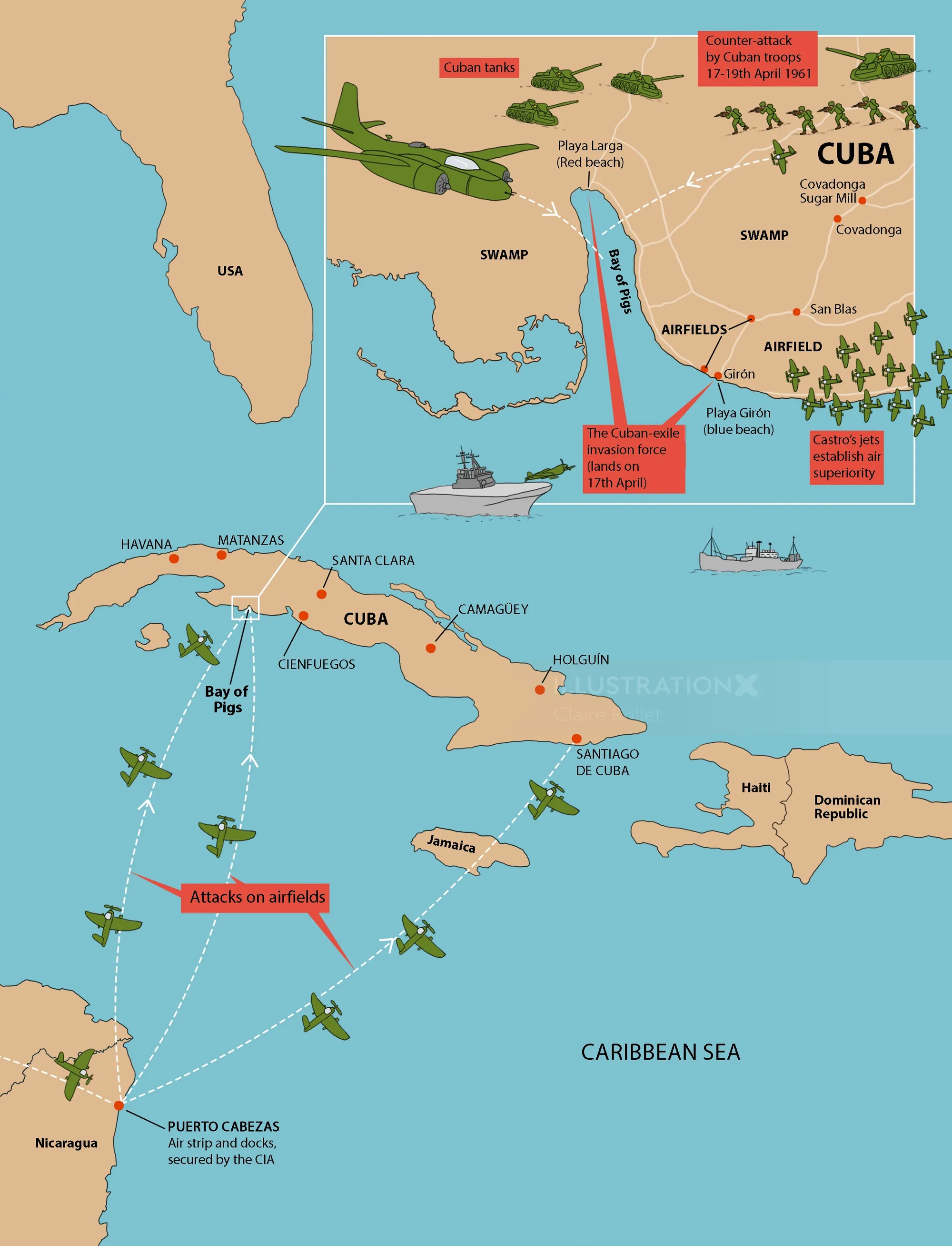Illustrated military strategy map of Bay of Pigs conflict by Claire Rollet