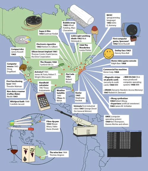 Map highlighting key 1960s inventions worldwide by Claire Rollet