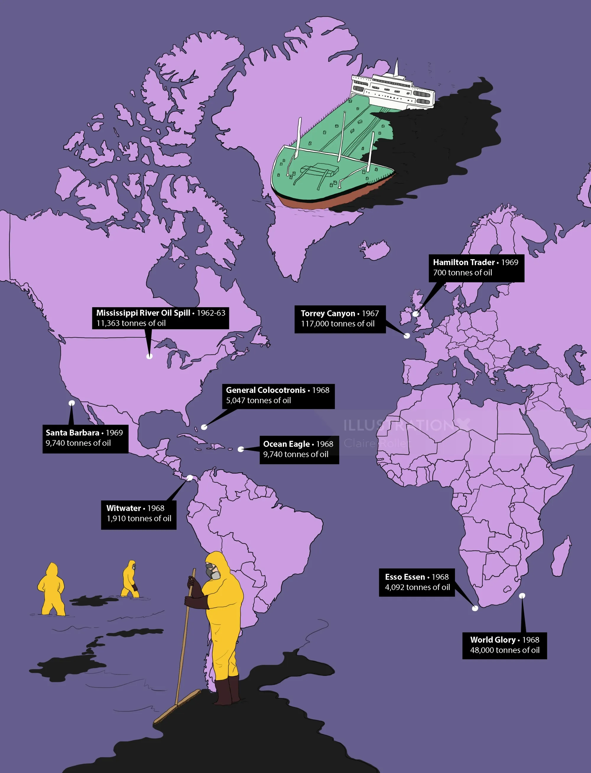 Map of historic shipwrecks and explorers worldwide by Claire Rollet