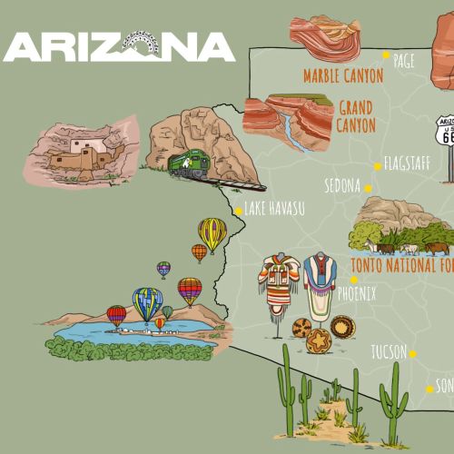 Map of Arizona featuring national parks and tourist attractions by Claire Rollet