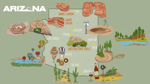 Map of Arizona featuring national parks and tourist attractions by Claire Rollet