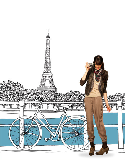 Lady with bicycle at eiffel tower - Illustration by Claire Rollet