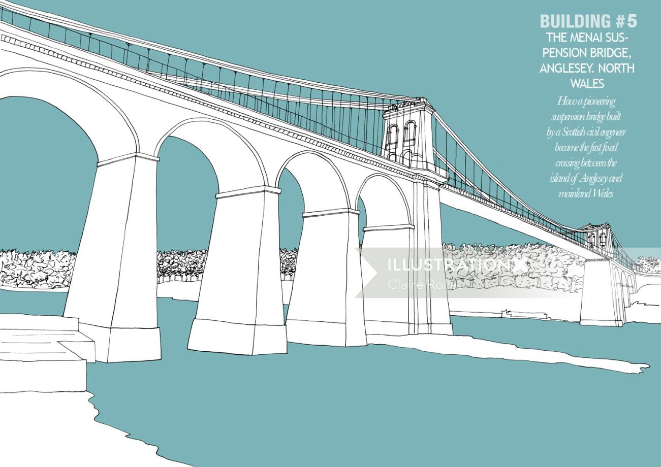 Ilustración de la arquitectura del puente de Menai por Claire Rollet