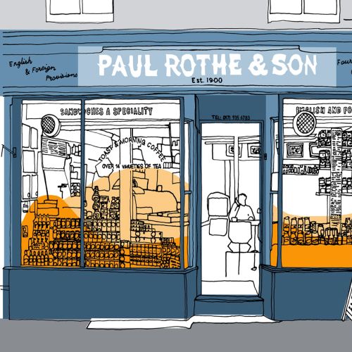 Line and color sketch of the "Paul Rothe Cafe"