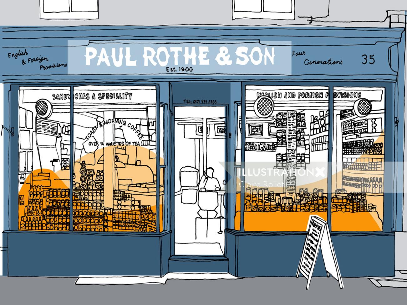 illustration of local cafe deli Paul Rothe and Sons in Marylebone London by Claire Rollet