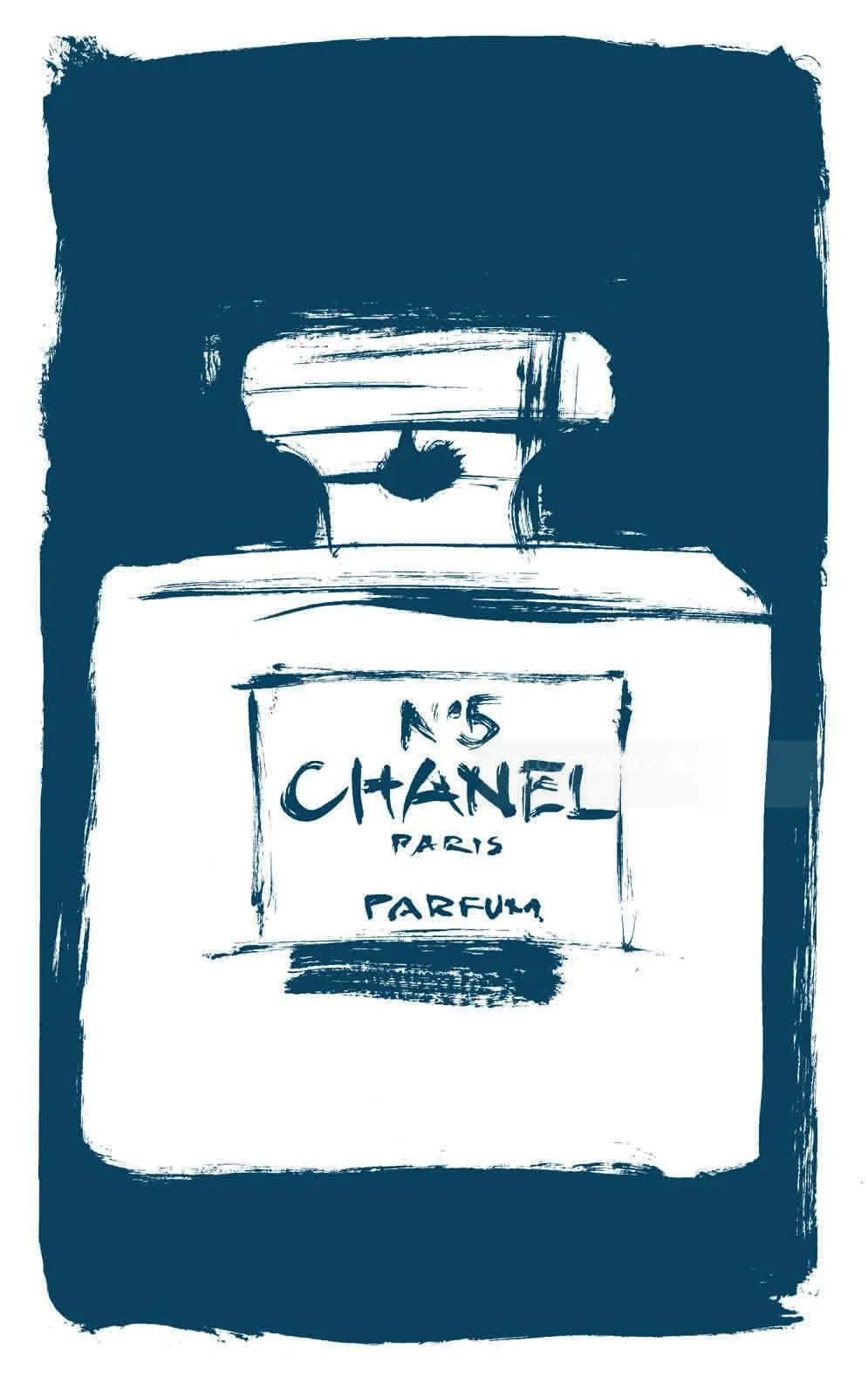 Chanel No. 5 perfume bottle illustration in blue and white