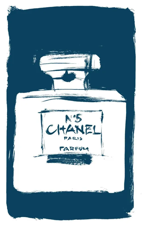 Illustration des Chanel No. 5 Parfümflakons in Blau und Weiß