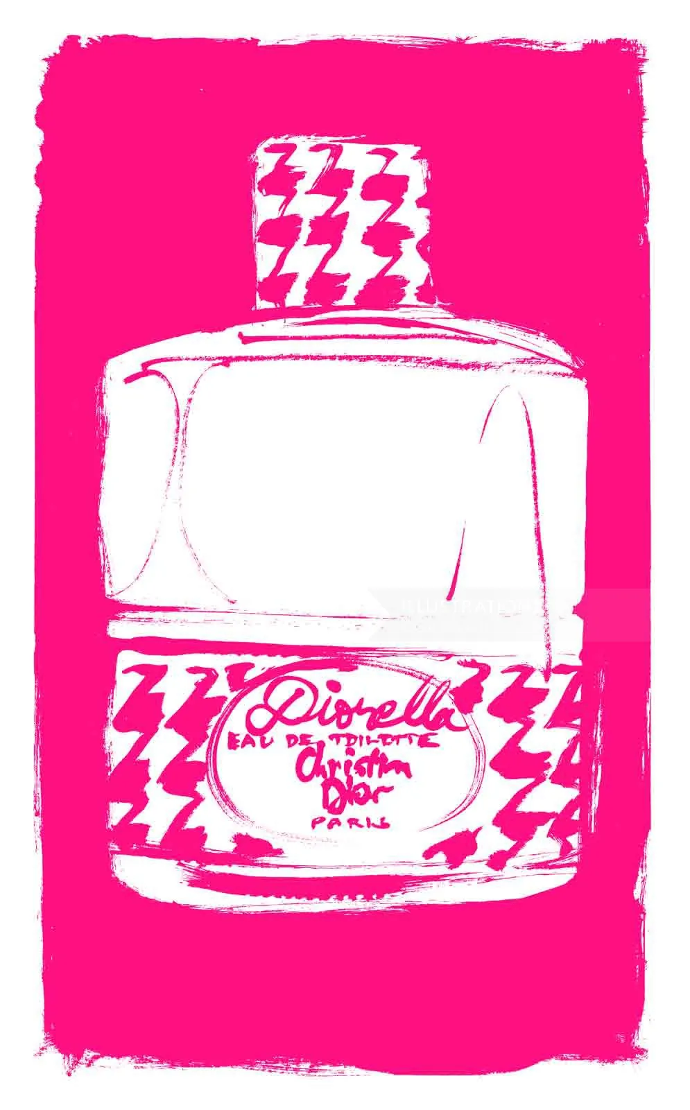 Dior perfume bottle illustration with pink and white design