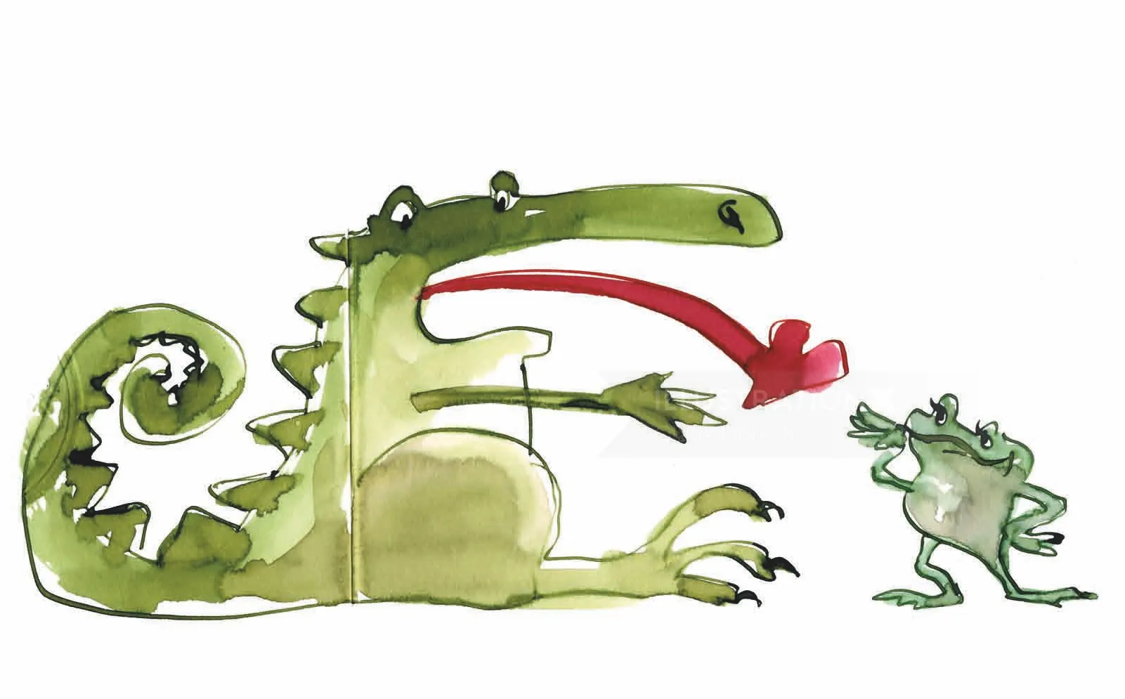 Cartoon crocodile giving a red heart to a smaller crocodile
