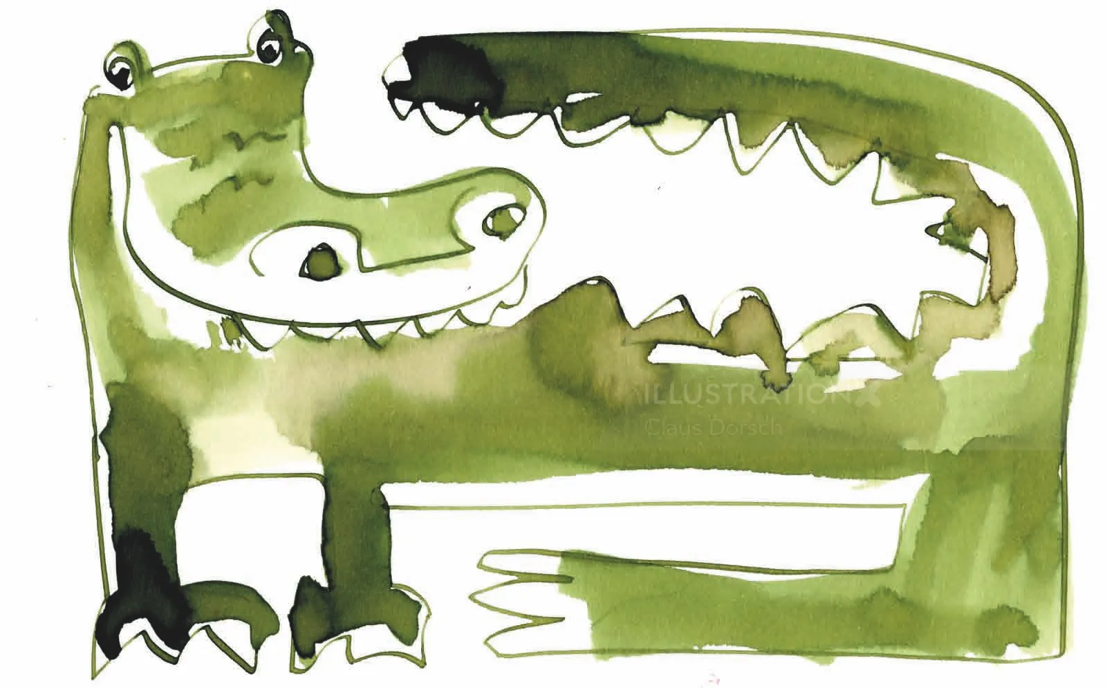 Watercolor painting of a green crocodile with a playful smile