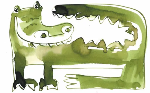 Aquarellgemälde eines grünen Krokodils mit einem verspielten Lächeln