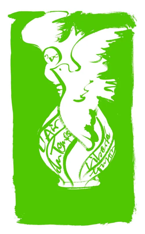 Illustration einer weißen Taube mit einem Band vor grünem Hintergrund.