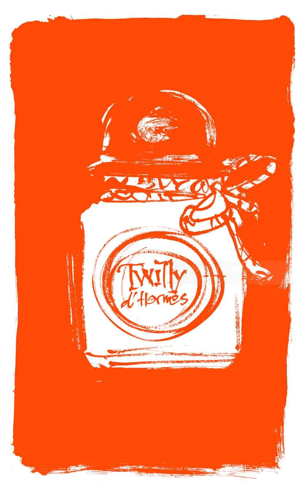 White sketch of Twilty d'Hermes perfume bottle on orange background