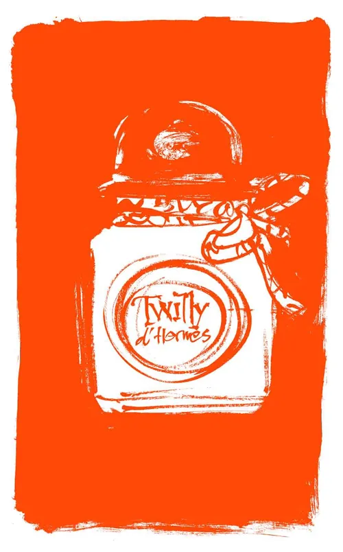 Weiße Skizze einer Twilty d'Hermes-Parfümflasche auf orangefarbenem Hintergrund