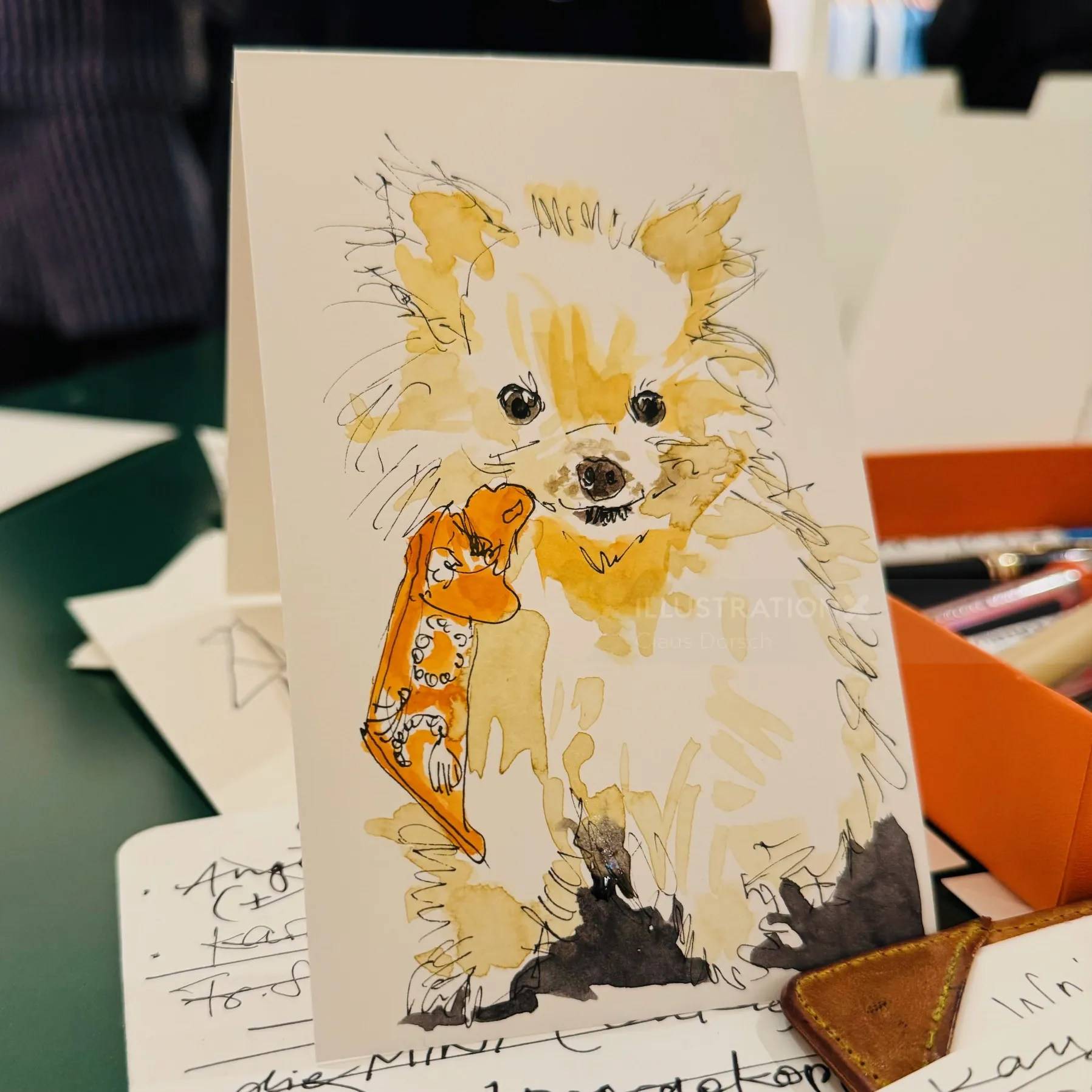 Illustration of small fluffy dog with toy mouse