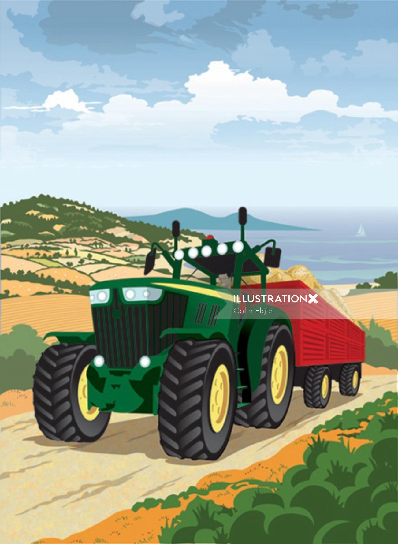 Tractor de granja en escena rural