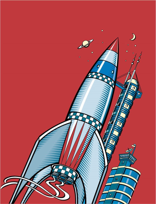 An illustration of a science fiction rocket sits on a launch pad