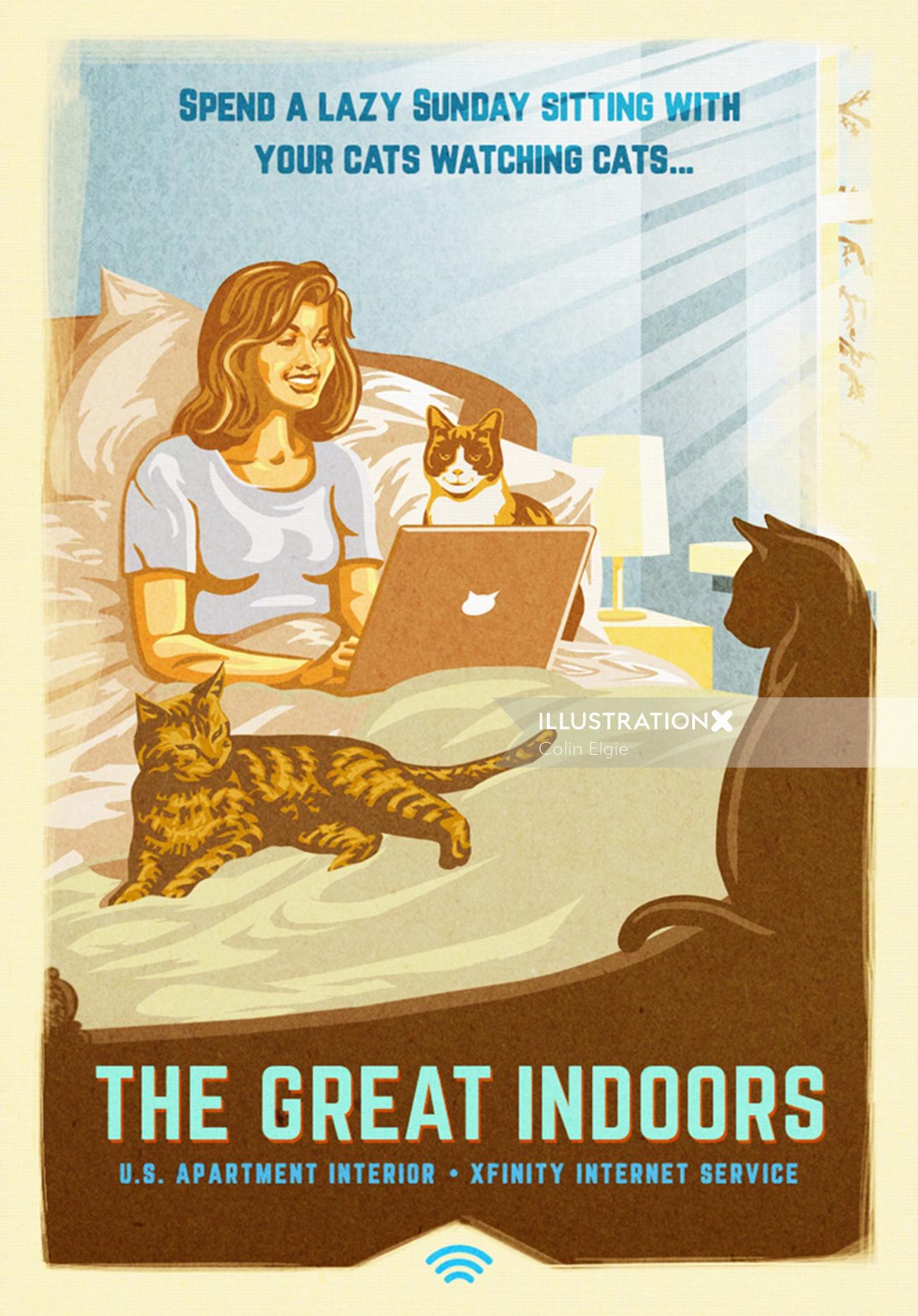 mujer en la cama con muchos gatos y computadora portátil