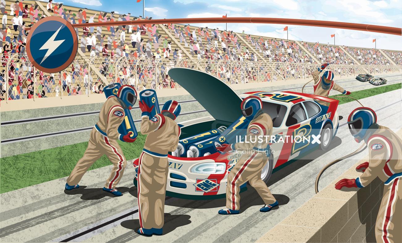 Nascar pit lane mechanics at work on racing car