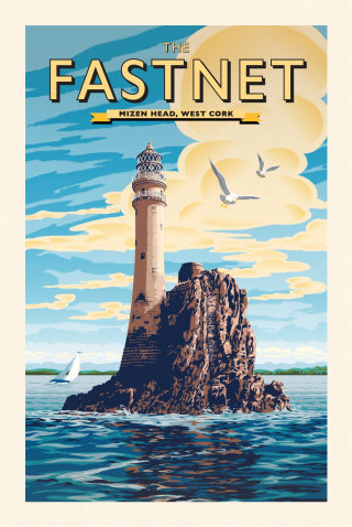 Ilustración de póster de Fastnet Rock y Lighthouse