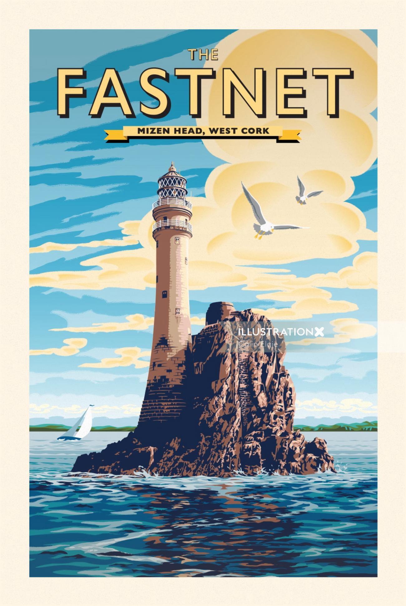 Poster Illustration of Fastnet Rock and Lighthouse