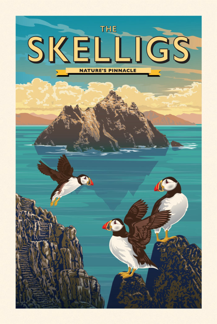 Cartaz de anúncio das Ilhas Skellig irlandesas