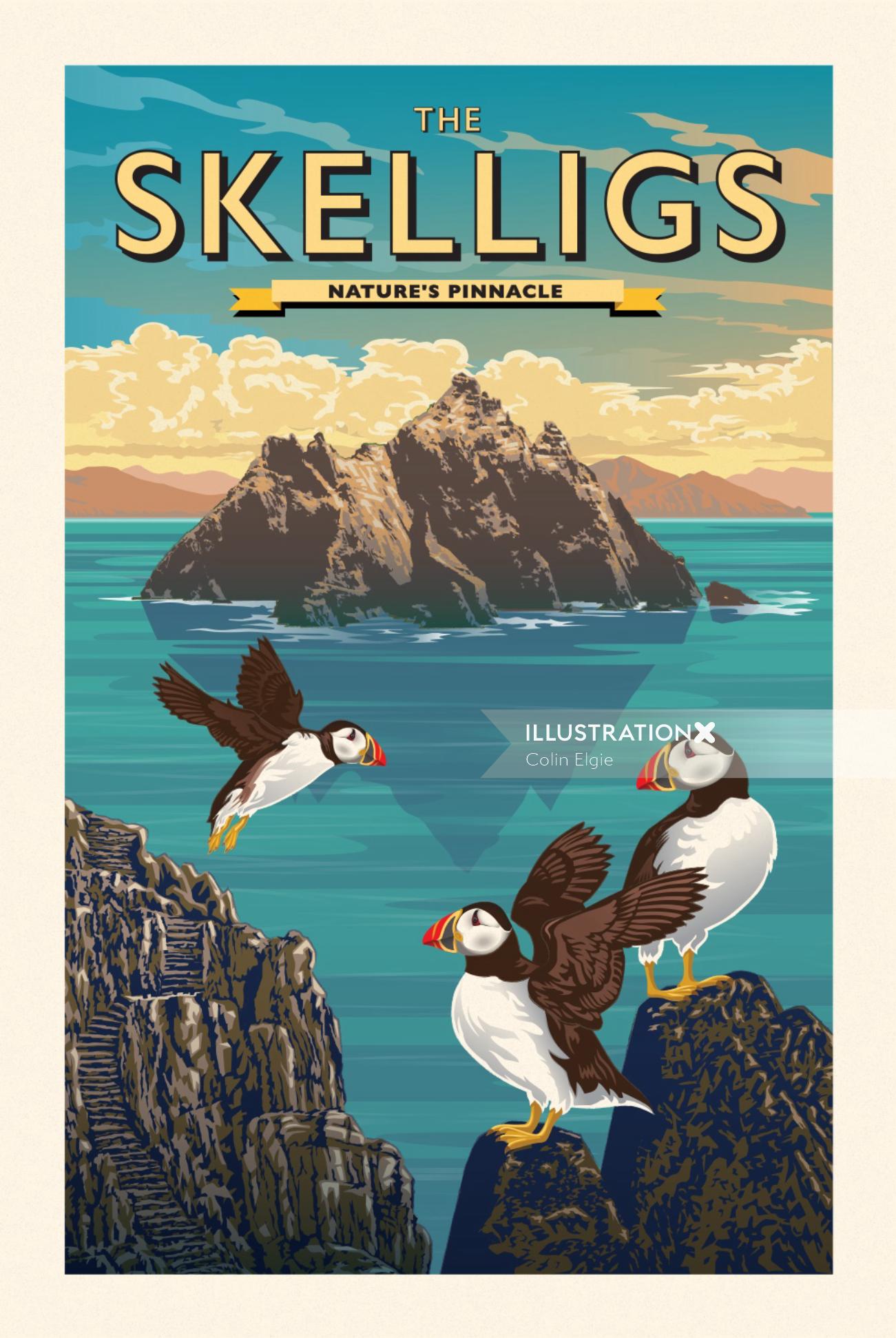 Ilustración de póster para las islas Skellig en Irlanda
