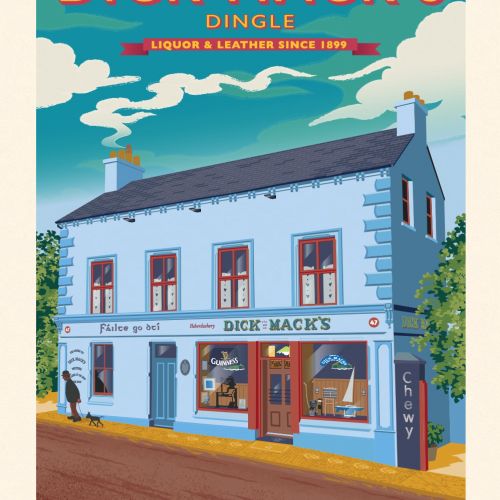 Poster illustration showing a famous old pub in Dingle
