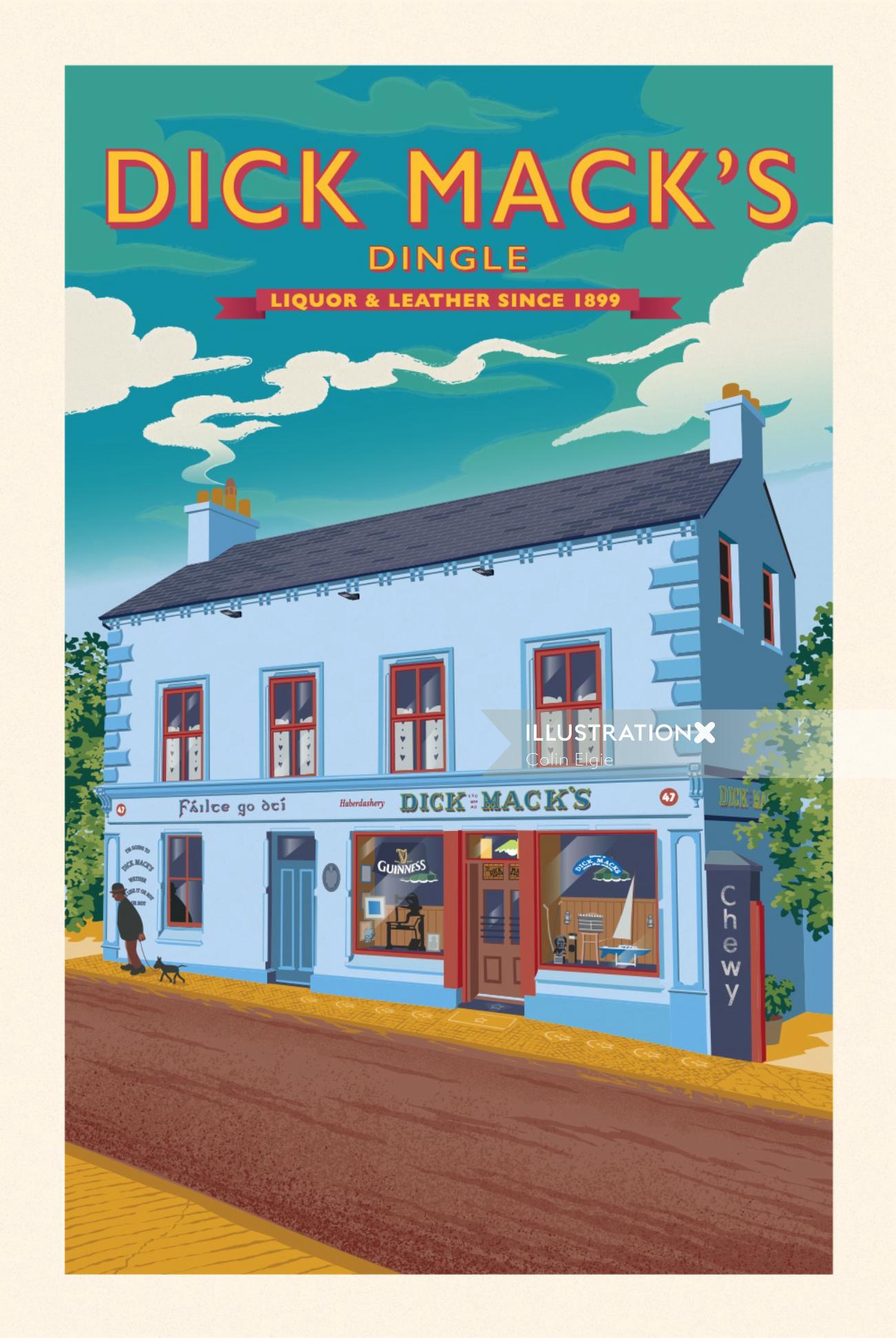 Ilustración del cartel que muestra un famoso pub antiguo en Dingle