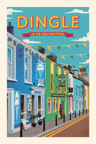 爱尔兰丁格尔色彩缤纷街道的旅游海报