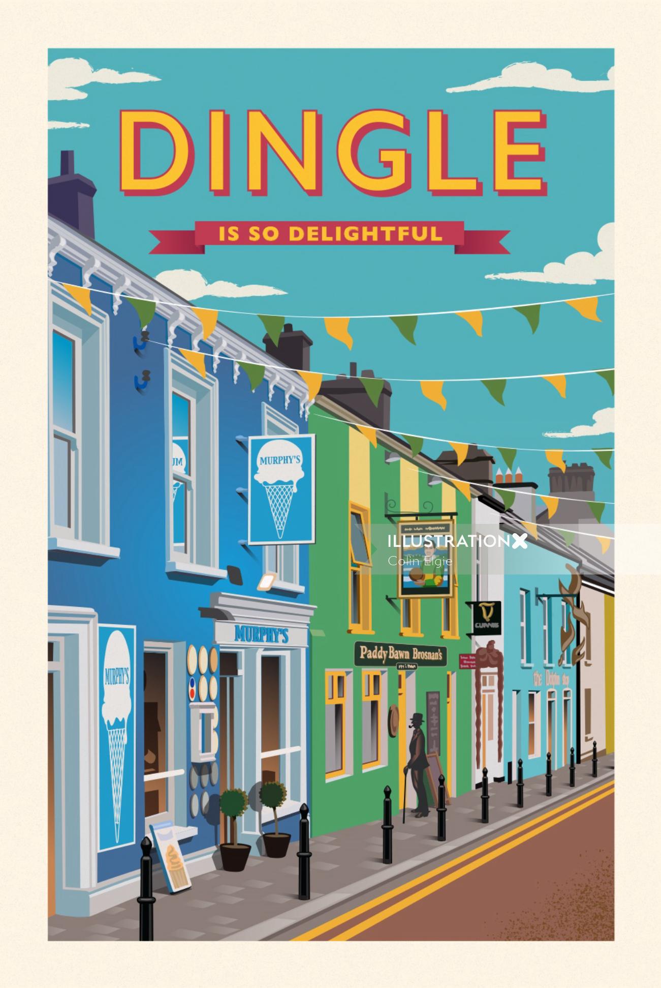 Cartel que muestra una colorida escena callejera en Dingle, Irlanda