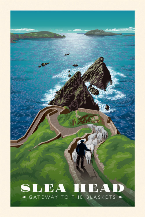 Um cartaz mostrando uma cena costeira com um pastor levando seu rebanho até o píer em Slea Head