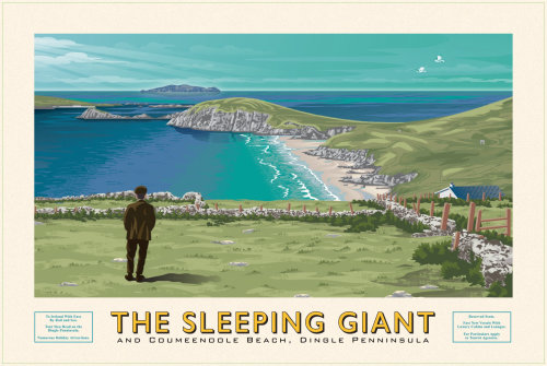Poster showing a coastal, beach scene and islands in the distance.
