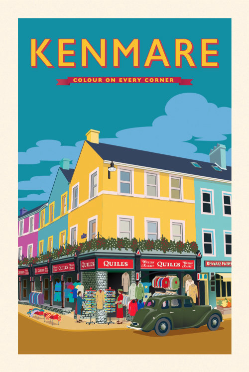 Cartaz para Kenmare mostrando uma rua comercial colorida