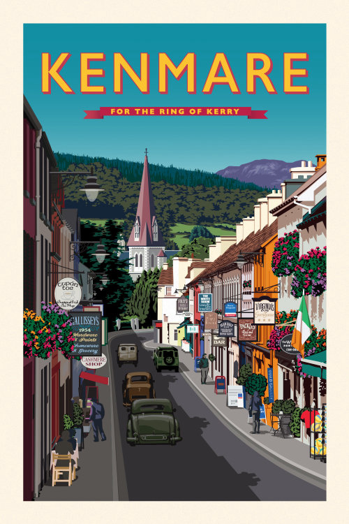 Poster for Kenmare showing a colourful shopping street with old vintage cars on the road.