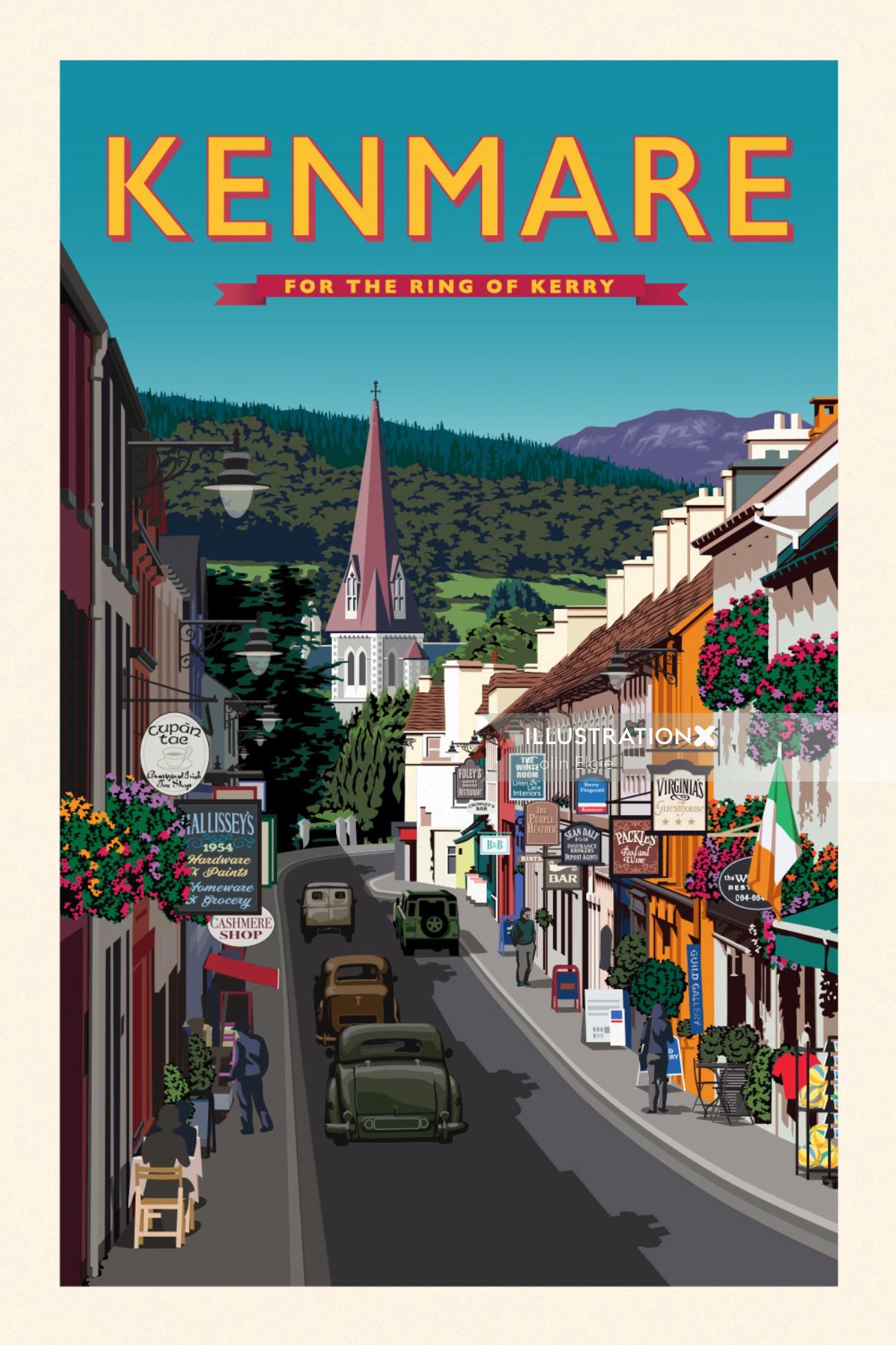 Poster for Kenmare showing a colourful shopping street with old vintage cars on the road.