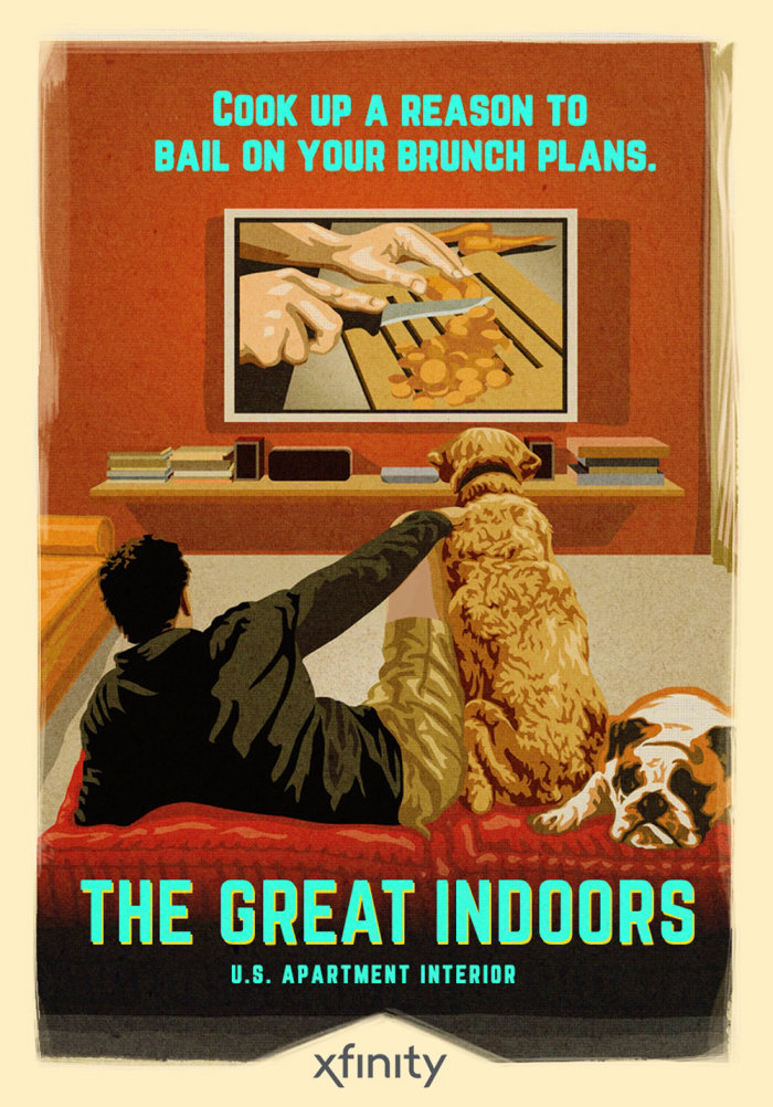 Cartaz mostrando um homem e um cachorro lavando TV