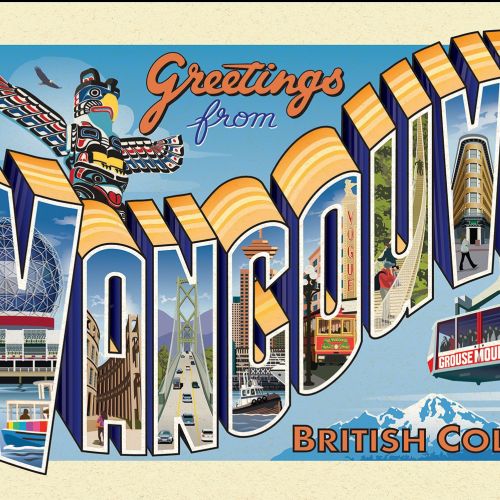 Retro postcard with pictorial letters Vancouver landmarks