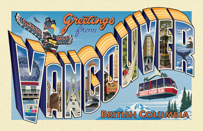Retro postcard with pictorial letters Vancouver landmarks