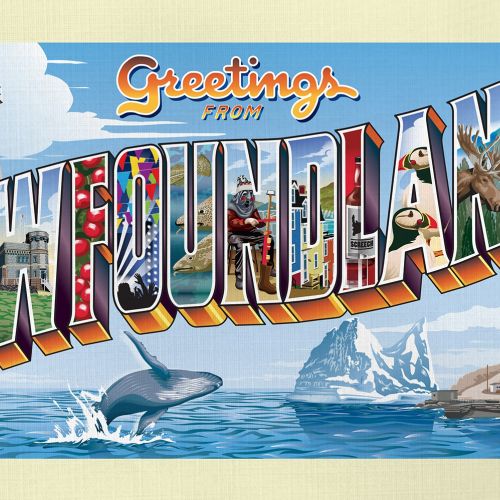 Retro postcard with pictorial letters Newfoundland landmarks