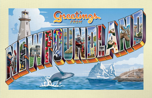 Retro postcard with pictorial letters Newfoundland landmarks