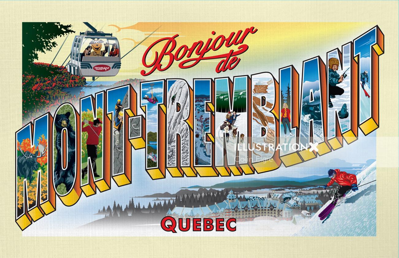 Retro postcard with pictorial letters for Mont-Tremblant landmarks