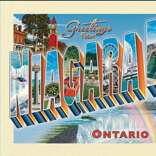 Retro postcard with pictorial letters for Niagara Falls landmarks